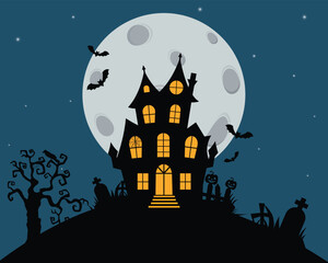 Halloween vector illustration. Haunted house under full moon with trees and graveyard for Halloween night. Perfect for party invitations, social media, festive event promotions.