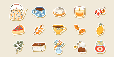 Cozy Autumn tea and coffee sticker set, vector watercolor of teacups, mugs, pastries, jam, drink, dessert, flowers. Perfect for planners, kitchen decor, scrapbooking, warm-themed projects