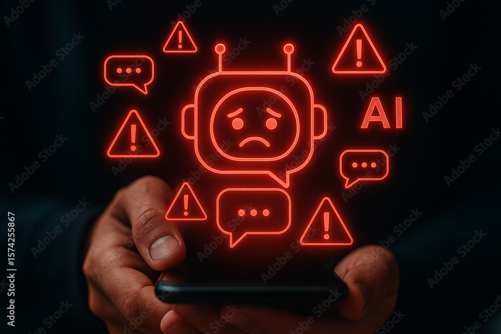 Poster ai chatbot error message on phone screen with warning sign and sad face for technology concept use