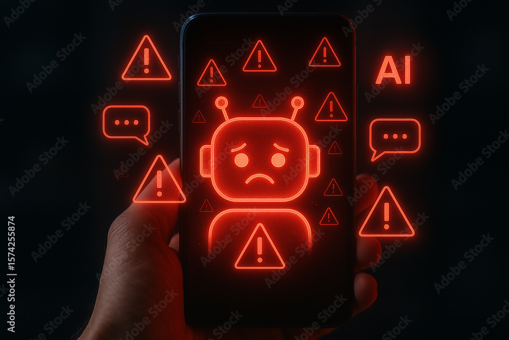 Poster ai chatbot error message on smartphone with warning signs and ai failure alert concept design