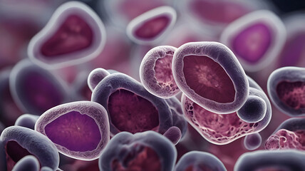 Microscopic view of gram-stained bacterial smear with violet and pink cells, organic texture background mockup, microbiology lab test, biodiversity research