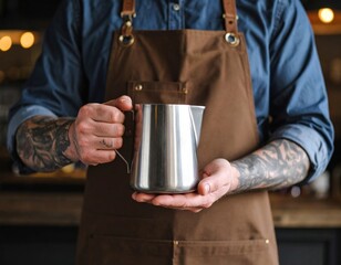 Barista Holding Metal Pitcher In Coffee Shop