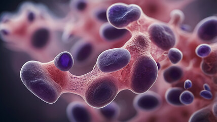 Microscopic view of gram-stained bacterial smear with violet and pink cells, organic texture background mockup, microbiology lab test, biodiversity research