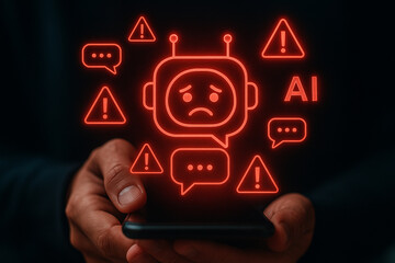 Ai chatbot error message on phone screen with warning sign and sad face for technology concept use