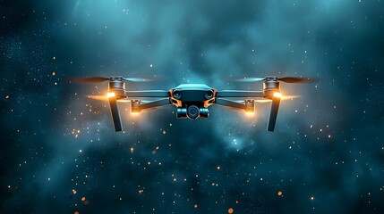 A security drone equipped with advanced sensors and scanning technology hovering in a dark starry sky with glowing blue and orange lights