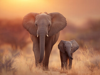 Obraz premium Mother and Baby Elephant at Sunset – Wildlife Bond in the Savannah