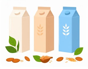 Three Different Types Of Plant Based Milk Cartons With Decorations And Grains