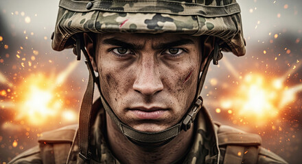 Intense close-up of soldier with explosion in battlefield