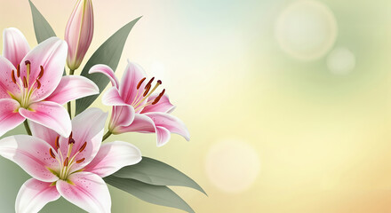 Pink lilies on soft pastel green and yellow background, template for cards