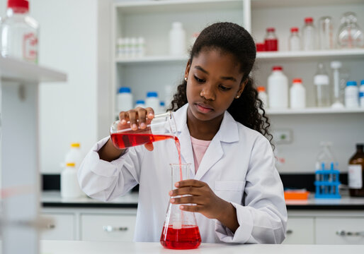 Young African American girl in lab coat pouring red liquid in science laboratory