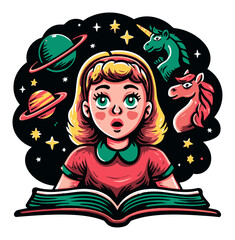 Whimsical Girl Reading Book Surrounded by Outer Space Creatures and Elements