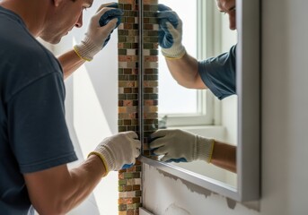 Man installing mosaic tiles in bathroom, wearing gloves, home renovation scene