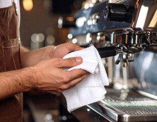 Barista Cleaning Coffee Machine With White Towel