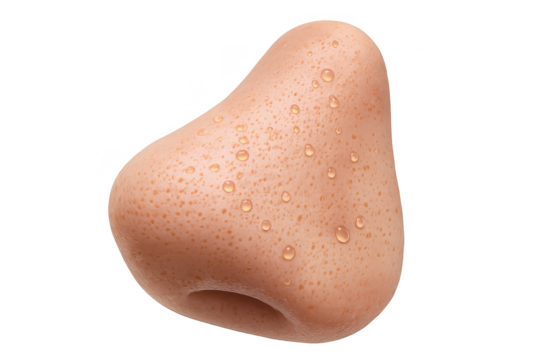 Close-up of a human nose with water droplets isolated on transparent background
