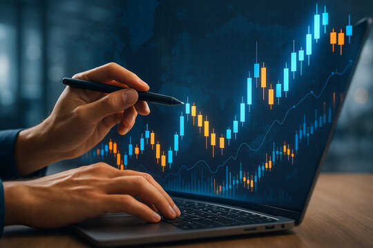 Stock market analysis on laptop screen with pen pointing at chart for financial investment success