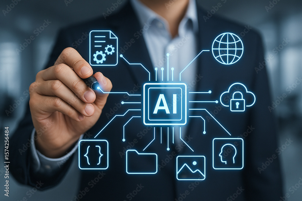 Poster artificial intelligence ai concept businessman using digital pen for future technology 100chr
