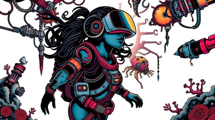 Futuristic vr metaverse artwork: woman in virtual reality headset with steampunk elements