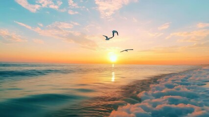 Two seagulls soar gracefully over a serene ocean at sunset, with golden light reflecting on the water and soft clouds near the horizon. - Powered by Adobe