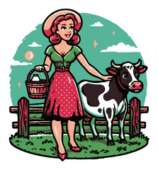 Cheerful Cartoon Farm Girl with Cow in Pastoral Landscape