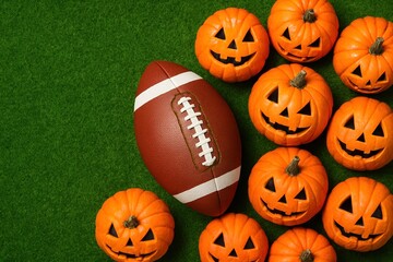 A rugby ball lies among many Halloween pumpkins on green grass. Top view. The left side has space for text. Fun seasonal mix of sports and spooky celebration.

