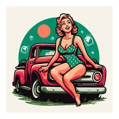Retro Cartoon Woman Cleaning Red Car Under Sunny Sky with Bubbles