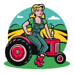 Vintage Cartoon Woman Sitting on Tractor in Colorful Farm Landscape