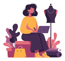 Stylish Woman Working on Laptop Surrounded by Fashion Items
