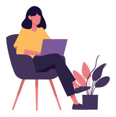Modern Flat Vector Illustration of a Woman Working on Laptop
