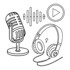 Line Art Microphone, Headphones, and Podcast Symbols for Streaming and Media Design