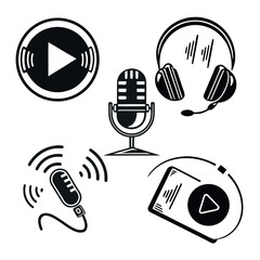 Podcast Hosting, Audio Recording and Media Streaming Icon Set silhouette for Digital Content Creation