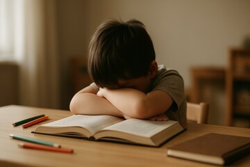 young boy sits at a desk with his head resting on his arms, looking tired and unmotivated. An open book and pencils lie in front of him, suggesting that studying and reading feel difficult and unenjoy