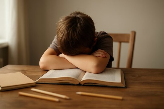young boy sits at a desk with his head down on his arms, showing boredom and fatigue. In front of him lies an open book and pencils, reflecting how studying and reading feel hard and unpleasant