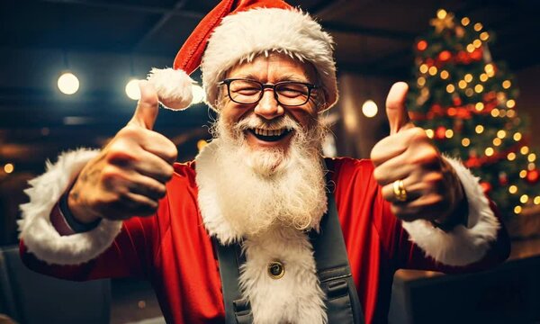 Jolly Santa Claus giving thumbs up with festive gifts. Ideal for Christmas greetings, winter promotions, and holiday-themed storytelling visuals. 4K high resolution video