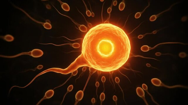 Animated fertilization process scientific visualization ovum and sperm cells educational graphic for biology and reproductive health
