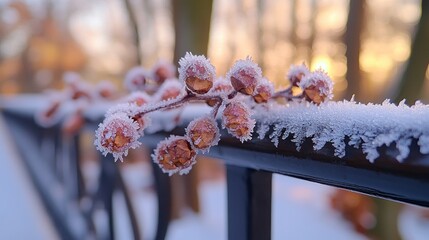 Frozen winter buds on railing