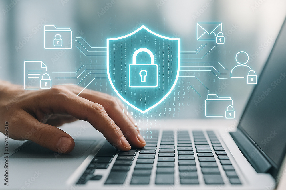 Poster cyber security concept of data protection and secure internet access on laptop keyboard typing 100
