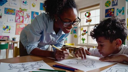 A warm, low-angle video shot of a teacher helping a child with drawing in a colorful classroom, highlighting creativity and learning.