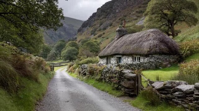 Country cottage by the Road: Capturing the timeless beauty of a rural escape, this image showcases a charming country cottage nestled amidst rolling hills and a winding road.  A picturesque scene.