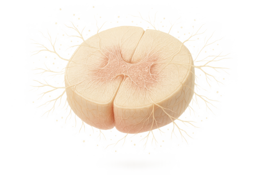 Human spinal cord cross-section detailed anatomy isolated on transparent background.