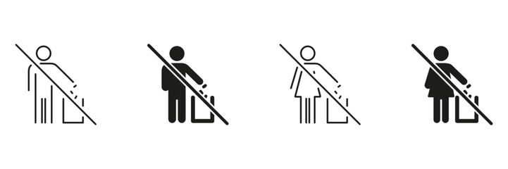 No Littering Prohibition Icon Set. Waste Disposal And Environmental Protection Outline And Silhouette Symbol Collection. Isolated Vector Illustration