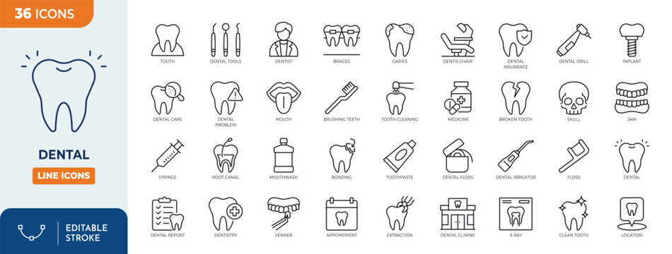 Dental line editable icon set. Containing tooth, dentistry, toothpaste, toothbrush, dentist, teeth, implant, and more. Editable stroke. Vector illustration