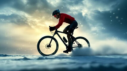 A determined cyclist rides a mountain bike across a snowy or icy terrain under a dramatic, cloudy sky.