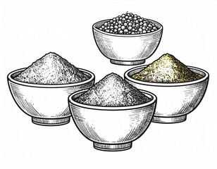 Four Bowls Of Different Powders And Spices