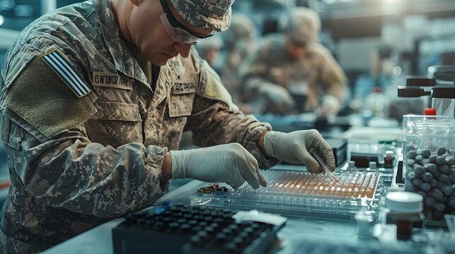 A military officer in camouflage uniform carefully operates a computer based genetic identification system maintaining strict security protocols