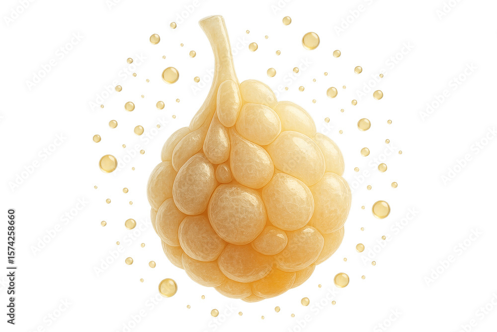 Poster golden yellow complex cell structure with droplets, isolated on transparent background.
