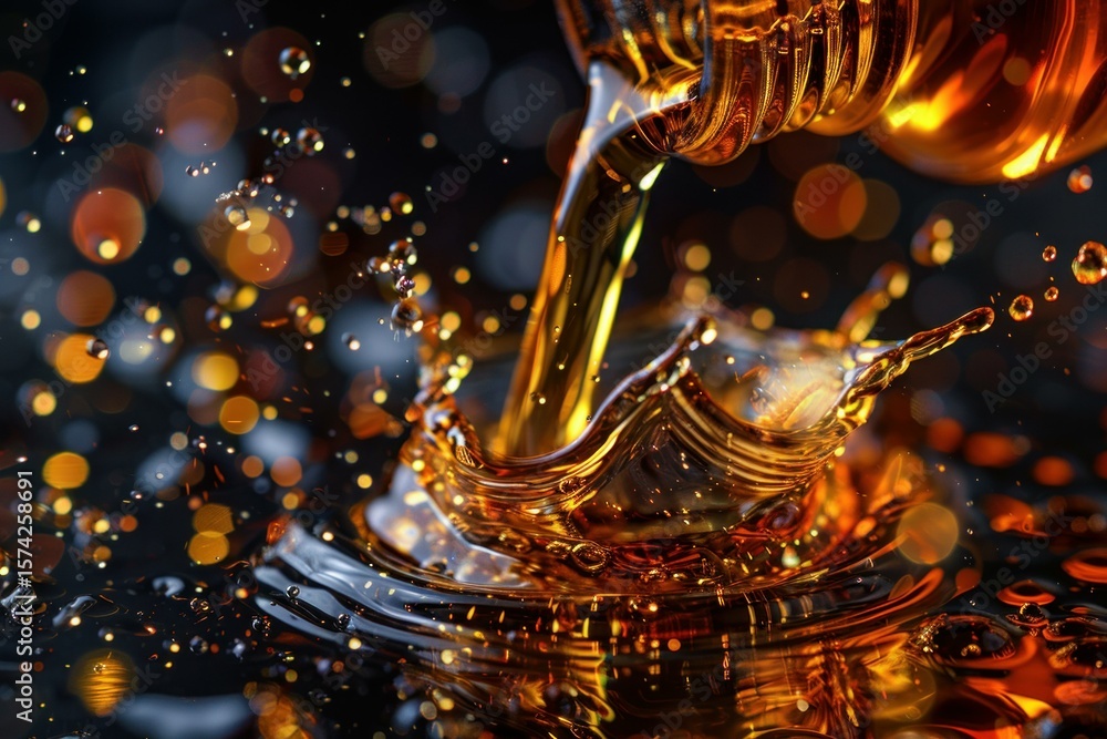 Poster golden liquid pouring from a bottle into a puddle, creating splashes and droplets over a dark, bokeh