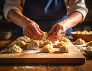 Hands Making Traditional Asian Dumplings On Wooden Cutting Board