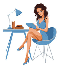 Stylish Woman in Blue Dress Working at Modern Desk with Tablet