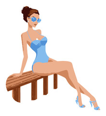 Elegant Young Woman in Blue Swimsuit Relaxing on a Wooden Bench