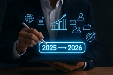 Naklejka premium Business strategy planning for future growth from year 2025 to 2026 with digital technology